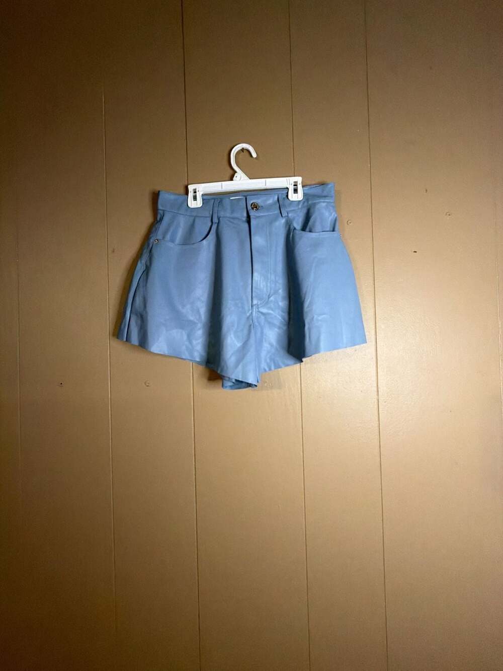 WeWoreWhat High-Rise Flare Faux Leather Shorts in Light Blue